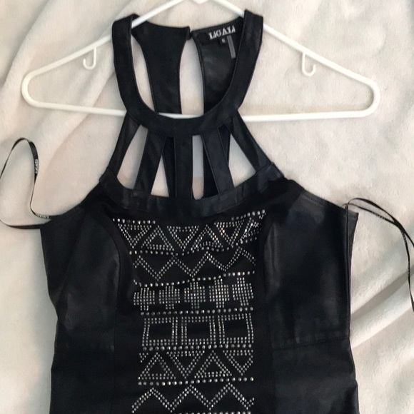 BLACK SEQUIN FAUX LEATHER CUT OUT DRESS - Picture 2 of 3